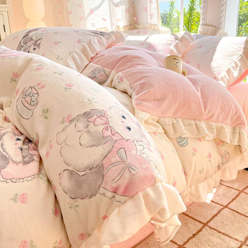 Thickened Milk Fleece Four-Piece Set, Lace Coral Fleece Quilt Cover, Bedding Fleece Bed Sheet Three-Piece Set