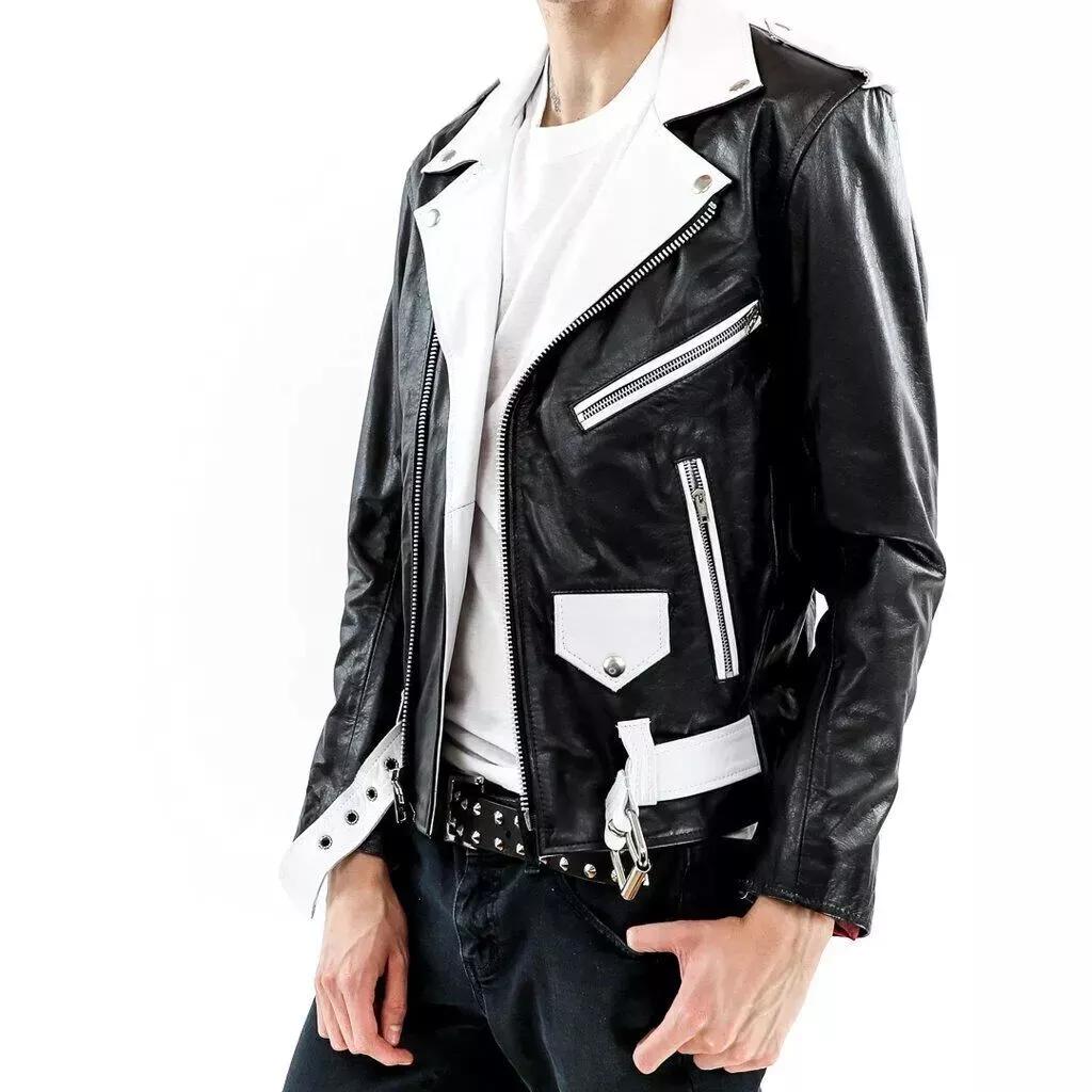 Neue Weiße & Schwarze Herrenjacke Stilvolles Lammleder Echtes Handgefertigt Biker Motorrad