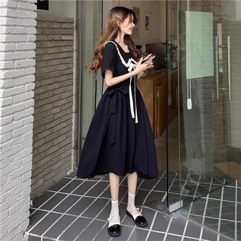 Doll collar dress women's summer new fashion gentle college style lace-up waist black long dress children