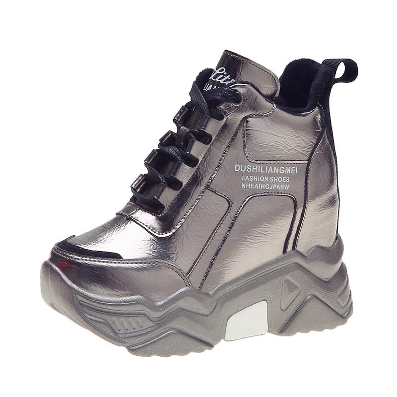 Rimocy Metallisches Silber Klobige Plateau-Sneakers Damen Winter Warm Super High Heels Freizeitschuhe Frau Höhenerhöhende Stiefel Mujer