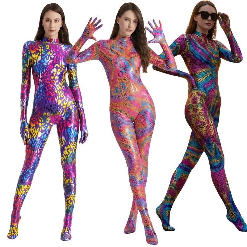 Tuta Integrale Zentai Donna Lucida Metallizzata Leopardata Pelle di Serpente Lycra ad Alta Elasticità Sexy Costume Cosplay Costumi da Bagno Yoga