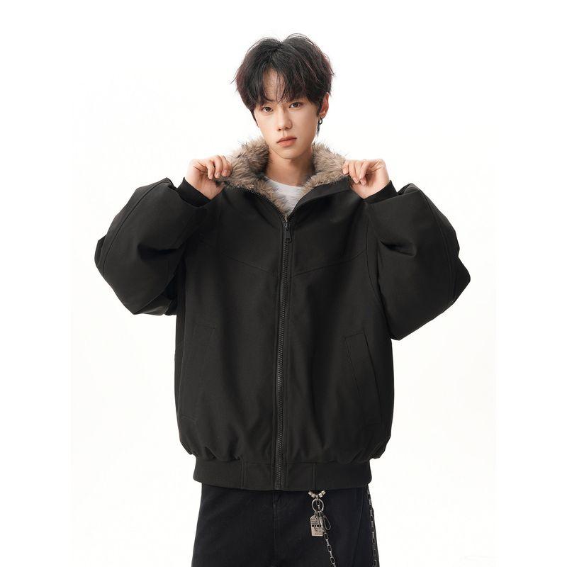 Street Style Mountain Carving Cotton Jacket with Fur Collar Winter Clothing for Men, Thickened Trendy Brand Loose-Fitting Couple Cotton Coat for Women