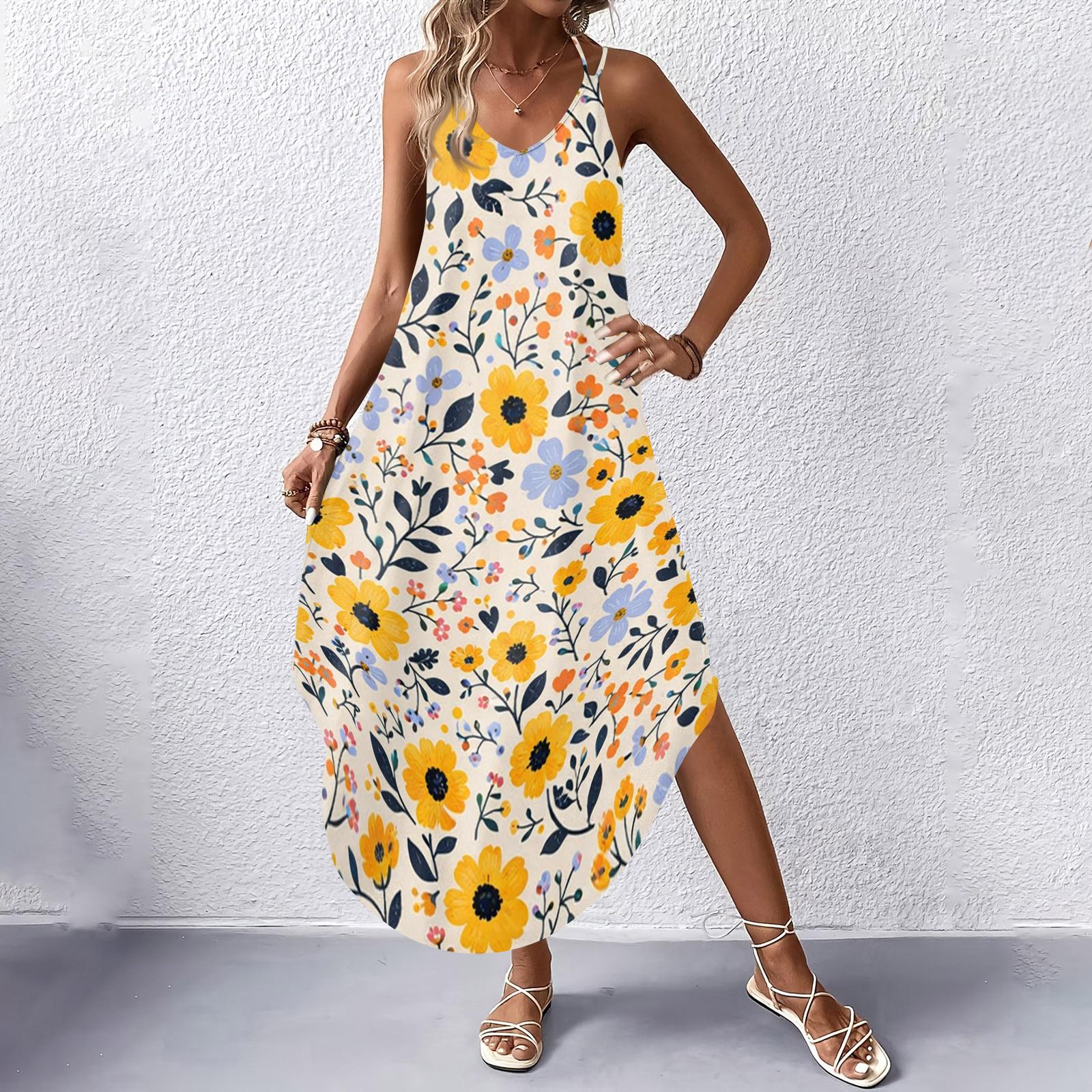 

Maxi Dresses for Women UK Summer Dress Sleeveless Floral Print V Neck Ladies Dressing Gowns Plus Size Dresses for Curvy Women XL жовтий