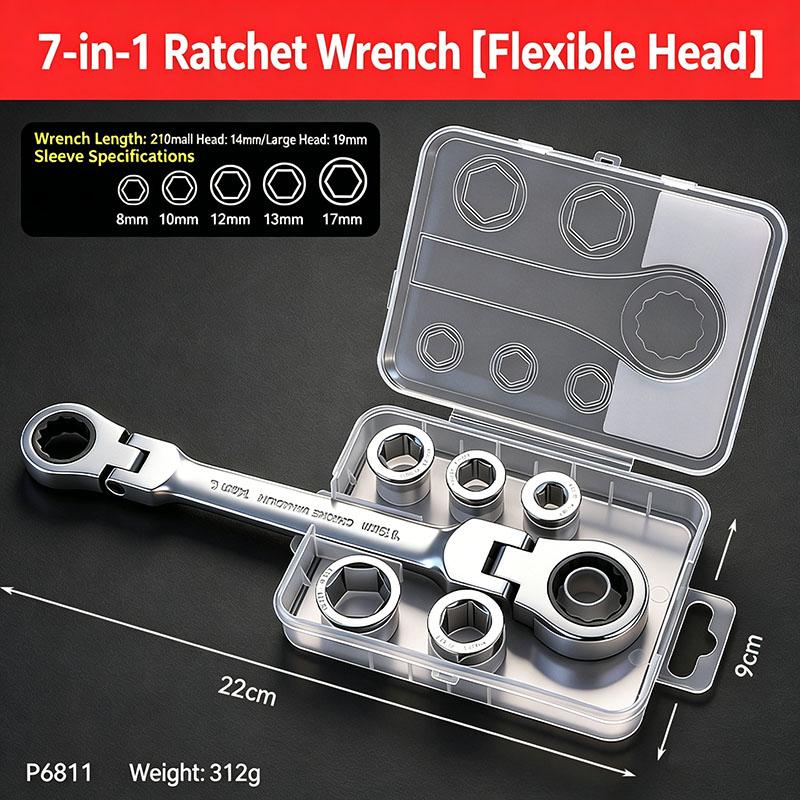 7-in-1 Double Head Ratchet Wrench Set with Interchangeable Shaking Heads Flexible Joint Removable Socket for Multi Size Tasks