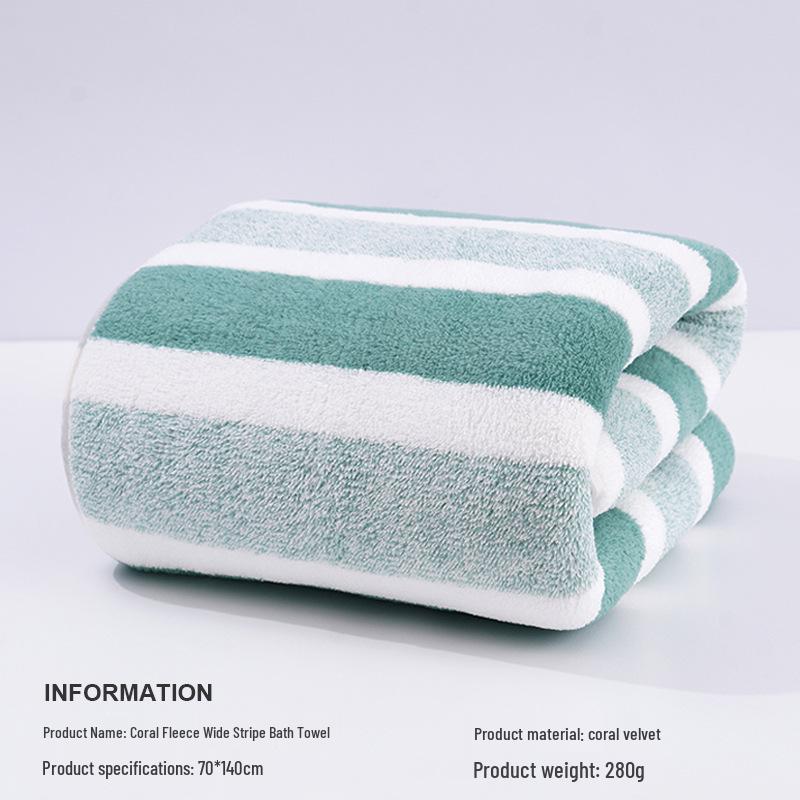 Temu Coral Fleece Quick-Drying Absorbent Bath Towel - Thick, Soft & Comfortable Striped Towel for Men & Women