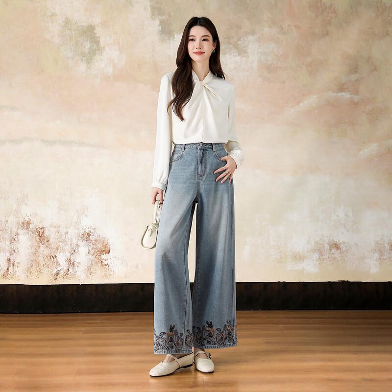 Demana New Chinese Style Embroidered Wide-Leg Jeans