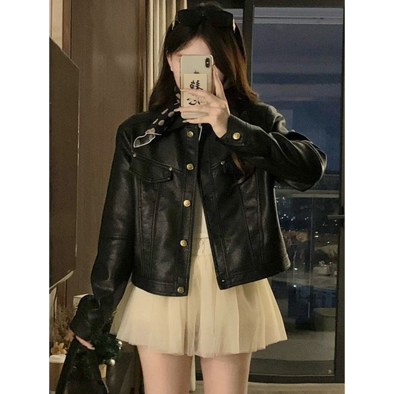 Kumikumi High Sense Retro Black Leather Coat Outerwear Women Autumn Loose Slimming Temperament Lapel Jacket Top
