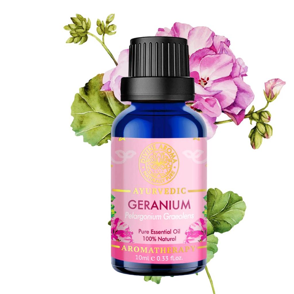 Divine Aroma Geranium Essential Oil 100% PURE & Natural Essential Oil |10ml|- Undiluted Exotic Sharp, Herbaceous green, Sweet Minty & Rose U