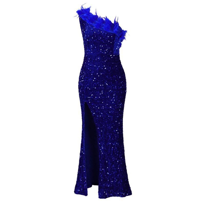 

C8591 Foreign Trade Women s Clothing Summer Sexy Fashion Feather Oblique Collar Banquet Dress Sequined Split Long XL