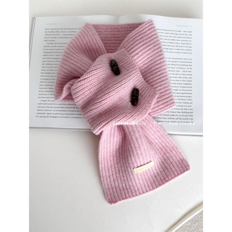 Pure Wool Horn Button Scarf Solid Color Small Scarf Cross Ladies Lazy Warm Autumn and Winter Collar