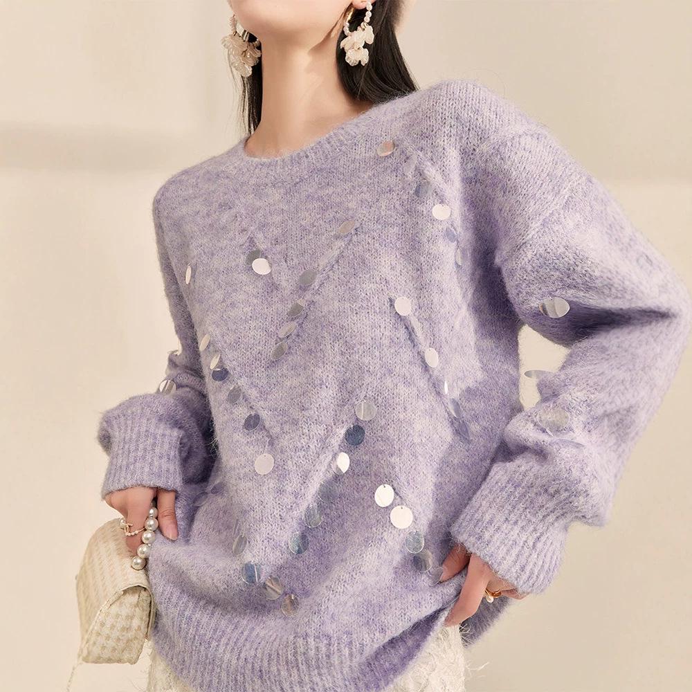 Elegant Purple Sequin Round Neck Sweater - Soft, High-Grade Pullover with Niche Design and Lazy Style.