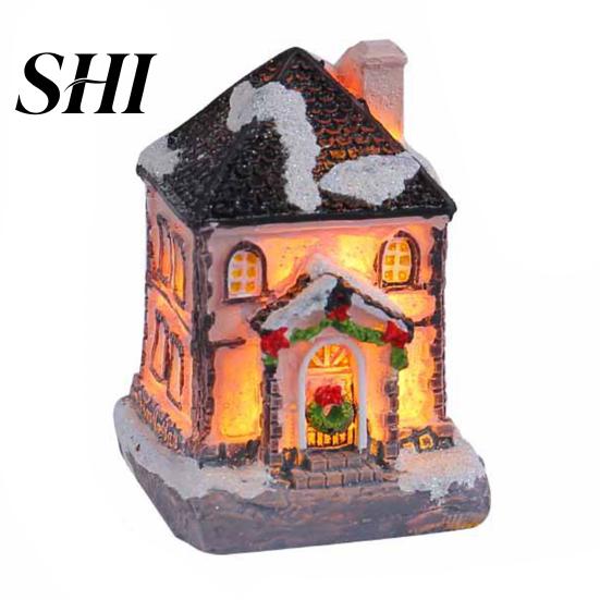 Resin Christmas House Decoration Glowing Ornament Romantic Warm Lighting Craft Small Desktop Bookshelf LED Snow Covered Figurine Statue Party Festival A