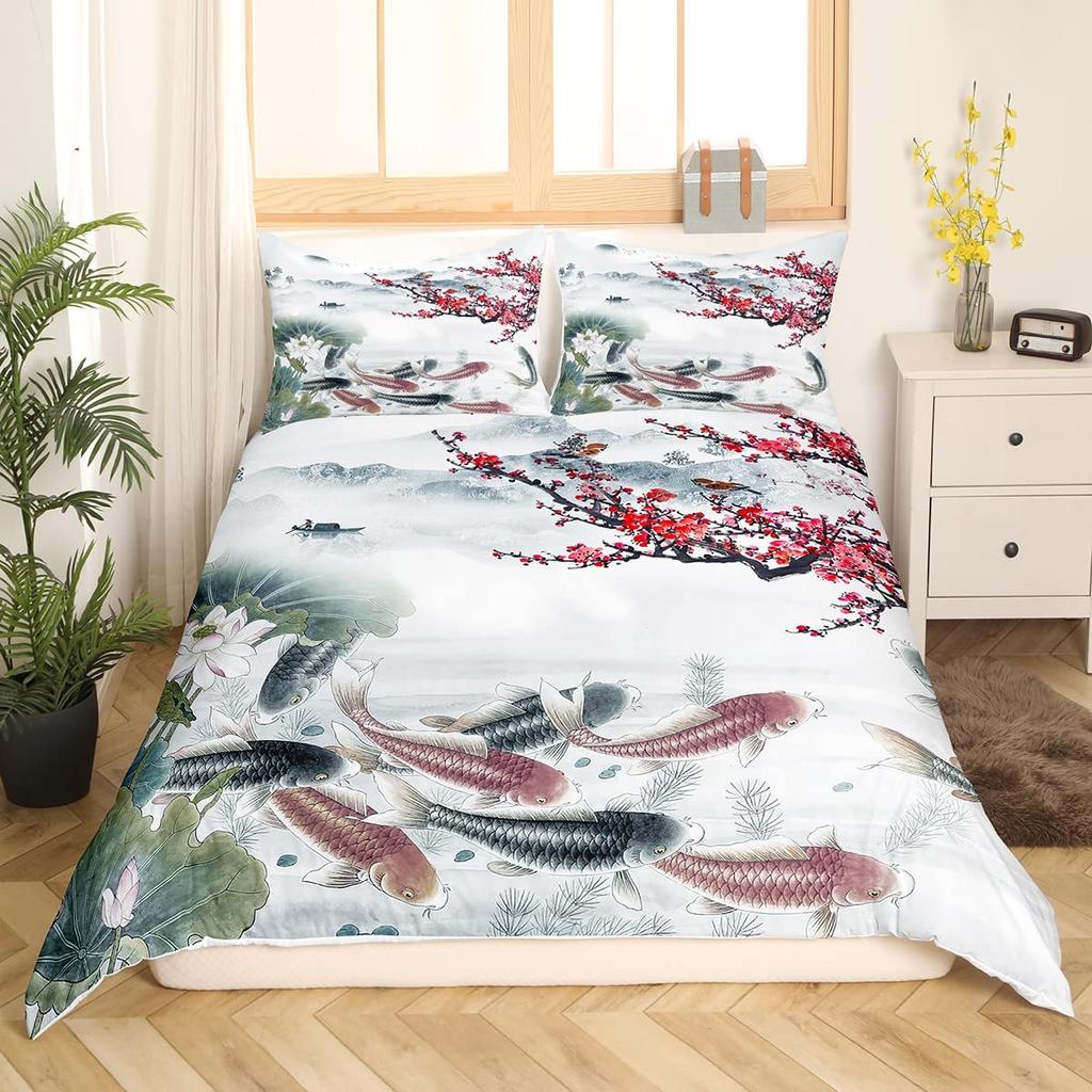 Pink Cherry Blossom King Queen Bedding Set Spring Flora Duvet Cover Japanese Flowers Quilt Cover Soft Polyester Comforter Cover