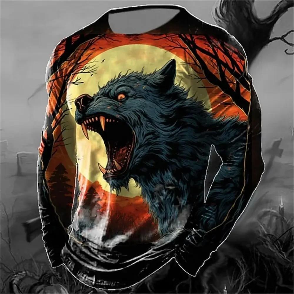 Men's Spring And Autumn Personality Retro Animal Wolf 3d Printed Round Neck Long Sleeve T-Shirt Casual Loose Breathable Jumper