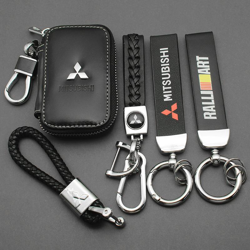 Auto Metaal 3D Logo Sleutelhanger Ring Leer Sleuteletui Sleutelhanger Voor Mitsubishi ASX Lancer Outlander Eclipse Ralliart Auto Accessoires