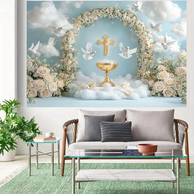 1 2D Banner Golden Chalice White Dove and Floral Arch - Wedding and Party Decoration Suitable for Baptism First Communion