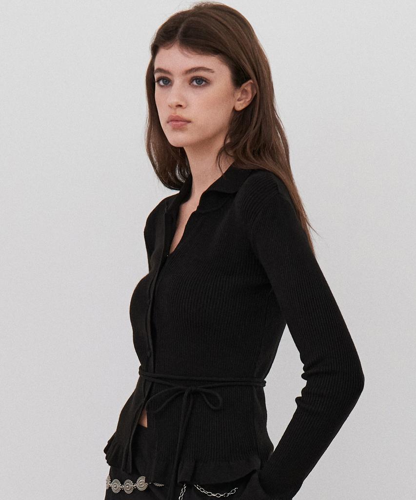 ITOV SEOUL Flare Belted Cardigan Black