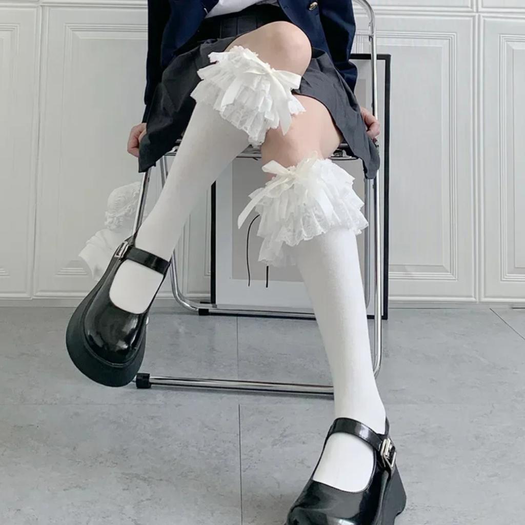 Kawaii Lolita Lace Calf Stockings Multi Layer Bow Cotton Jk Japanese Long Stockings Vintage Gothic Palace Cosplay Accessories