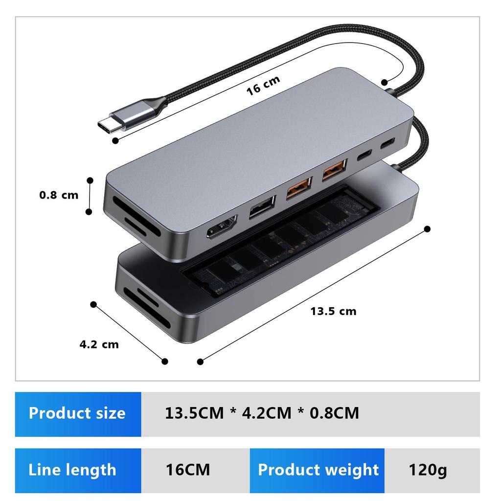 USB-C Hub mit M.2 SSD-Gehäuse, 9-in-1 USB-C Dockingstation passend für M.2 NVMe SSD, 10 Gbit/s, 4K@60Hz HDMI, 100W PD, SD/TF-Kartenleser