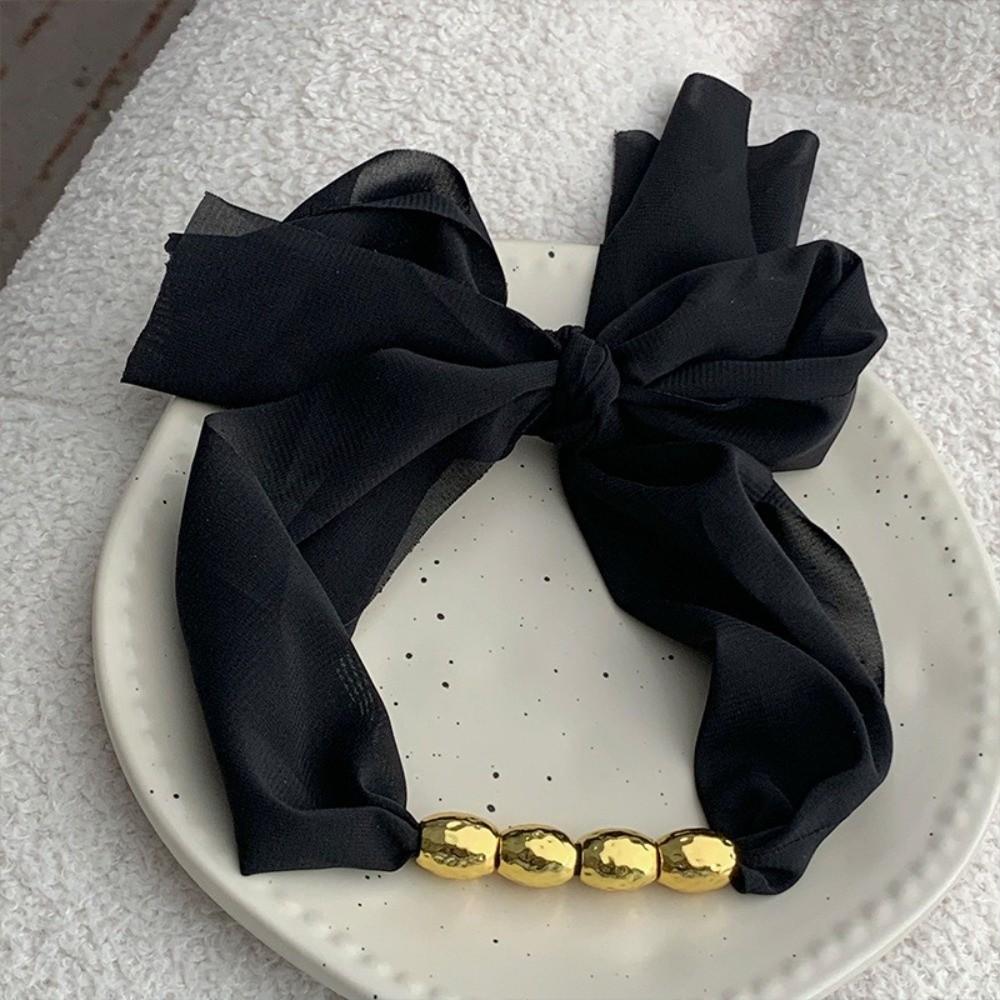 Elegant Beaded Silk Scarf Necklace Personality Ribbon Choker Lace-up Collarbone Chain Party