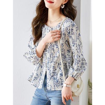 Blaues Kleines Blumenmuster Reines Baumwoll-Oberteil für Damen Dreiviertelarm Sommer Neuestes Florales Chic Altersmilderndes Oberteil Oberteil