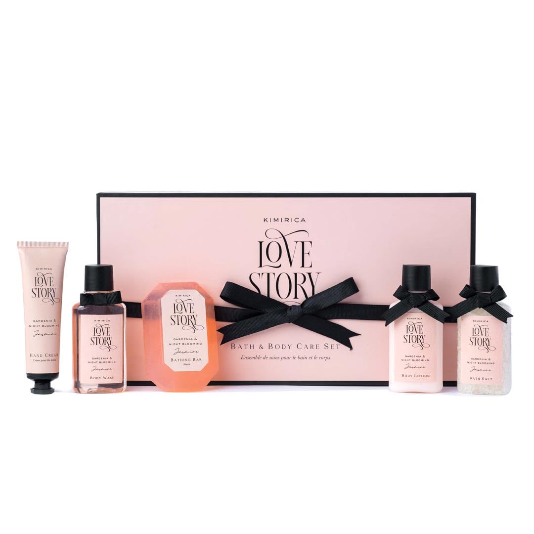 Kimirica Love Story Luxus Bad- und Körperpflege Geschenkset Box | Badesalz, Duschgel, Körperlotion, Badeseife und Handcreme | 5er Packung | Für Männer und F white