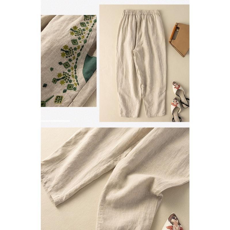 Fashion Loose Casual Embroidered Women Pants Summer New Retro Elegant Loose Straight Harlan Pants Simple Solid Color Versatile Nine-point Trousers