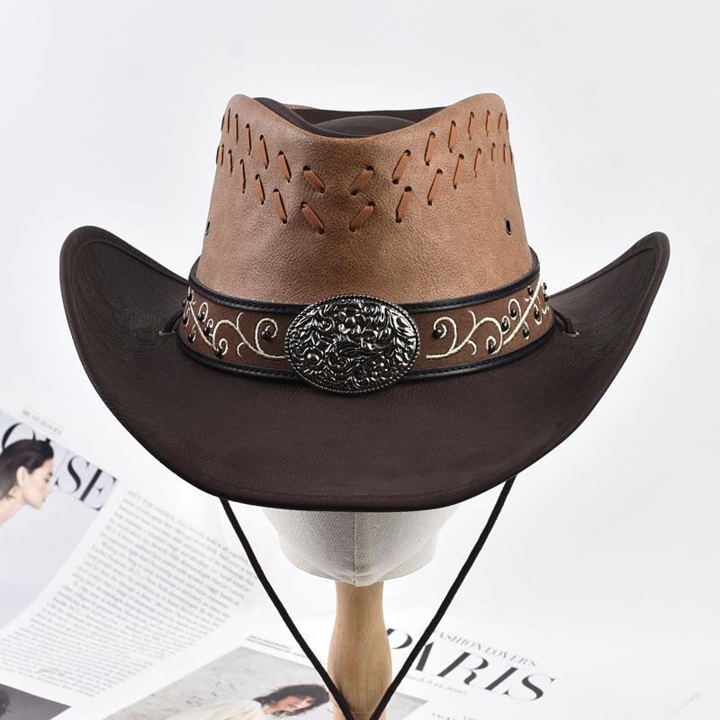 Unisex 100% Leather Western Cowboy Hat Vintage Gentleman Jazz Hats For Men Panama Cowgirl Hat