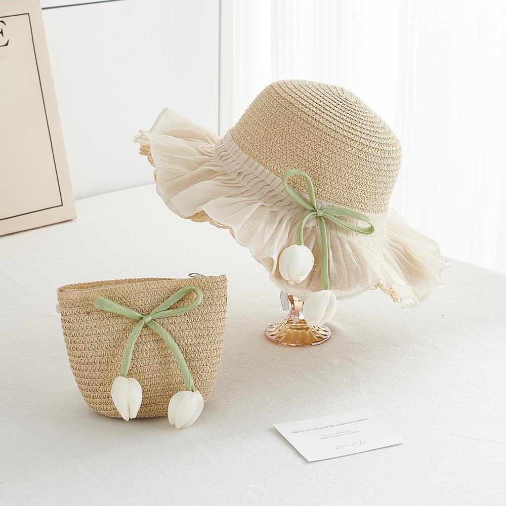 Girl Summer Straw Sun Hat And Bag 2pcs/set Breathable Wide Brim Beach Cap Children Girls Bucket Hat for Sun Protection