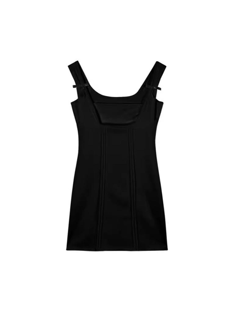 Classic Black Satin Dress With Bow Tie Waist For Office And Formal Events