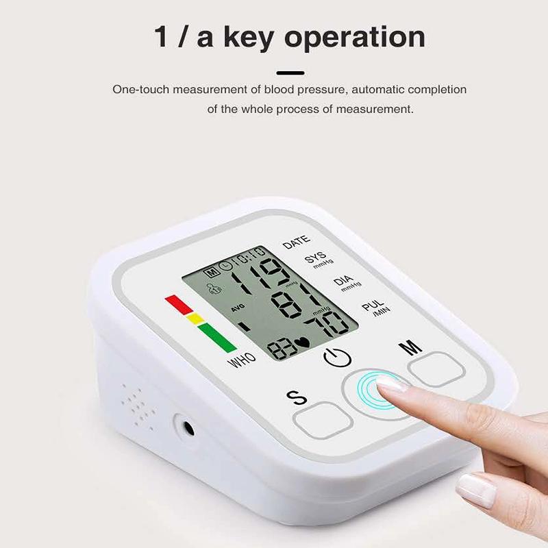 Oberarm-Blutdruckmessgerät, Herzschlagerkennung mit Sprachübertragung, LCD-Anzeige, vollautomatisches Tonometer, Blutdruckmessgerät, verstellbare Handgelenkmanschette
