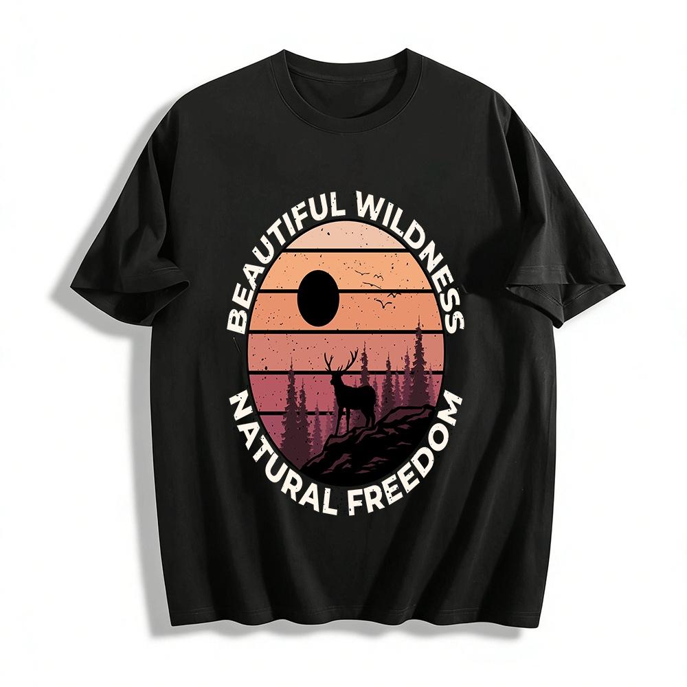 Beautiful Wilderness Elk Sunset Graphic Casual Tee Pure cotton T-shirt XXS