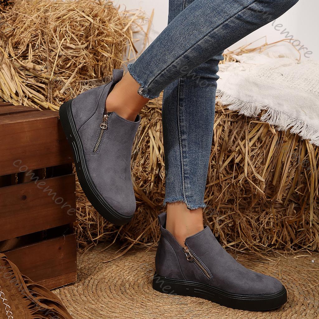 Fashion Comemore New Spring Autumn Round Head Ankle Boots for Women Flat Bottom High-top Casual Single Shoes Female Casual Solid Botines