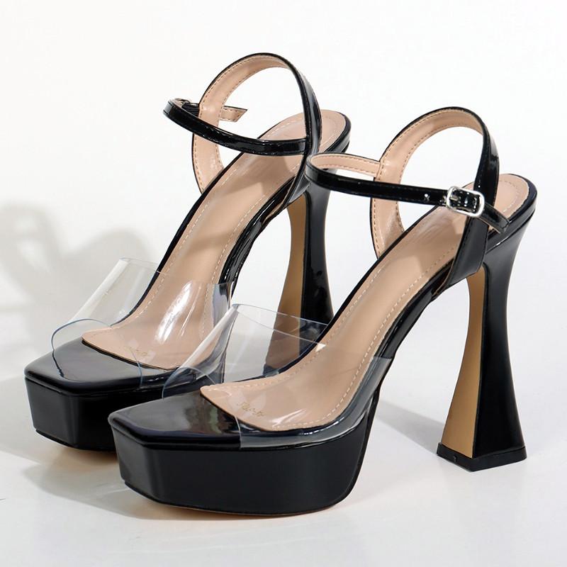 

Fashion 13 CM Super High Heel Ankle Strap Platform Sandals Women Sexy Open Toe Transparently PVC Buckle Slide Sandals Summer Party Pumps 36 чёрный
