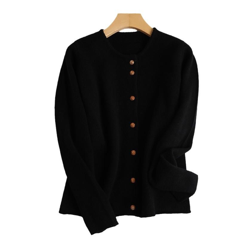 Women's Round Neck Wool Cardigan - Autumn/Winter Solid Color, Versatile & Temperament, Seven-Needle Thick Knit Sweater