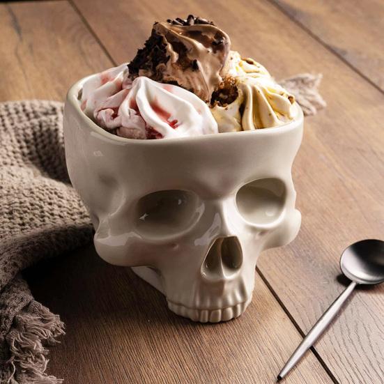 Halloween Skull Candy Bowl Gothic Ceramic Portable Skeleton Head Bowl Halloween Home Bar Decor Dining Table Ornament