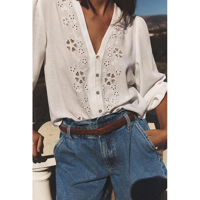 Summer New Women clothes Casual Style Decorated Row Button Hollow Embroidery Fashion V-neck Long sleeve Shirts 8741082