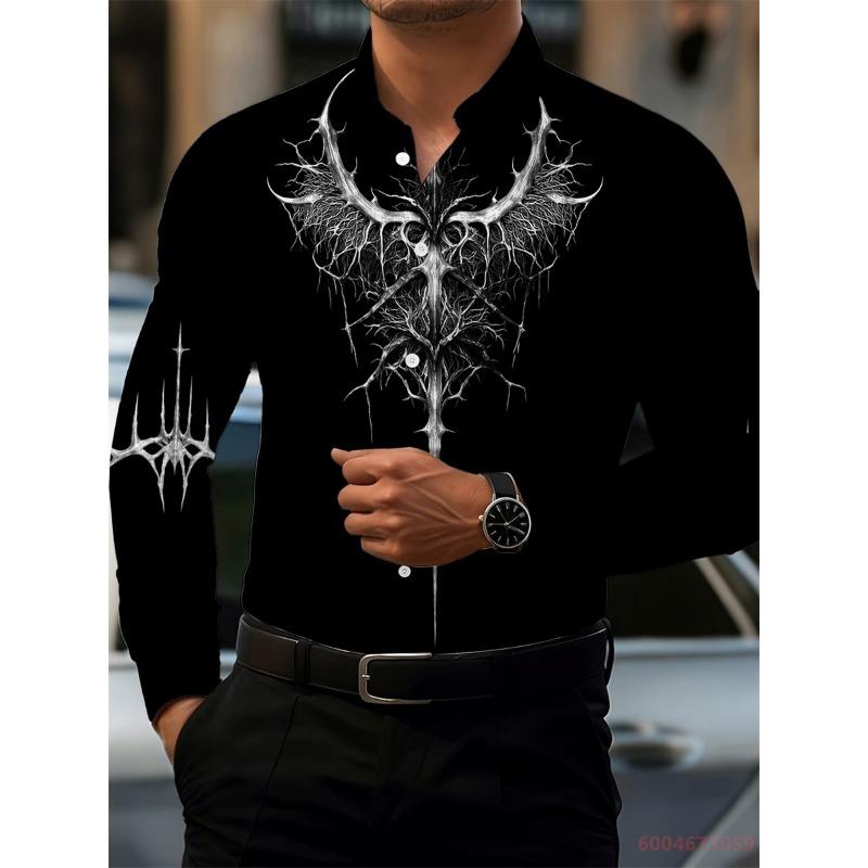 Men's Fashion Red Rose Print Long-Sleeve Shirt, Stylish Casual Design, Spring/Autumn Casual Shirt, Sizes XS-6XL