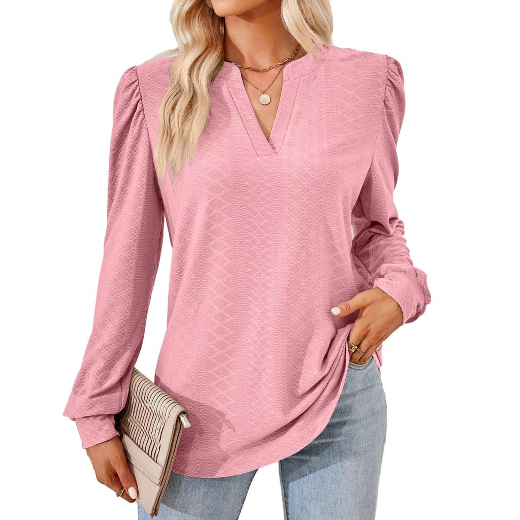 Women's Solid Color V-neck Jacquard Long Sleeve Loose T-shirt Top, Autumn Winter Casual Wear for Europe America Cross-border