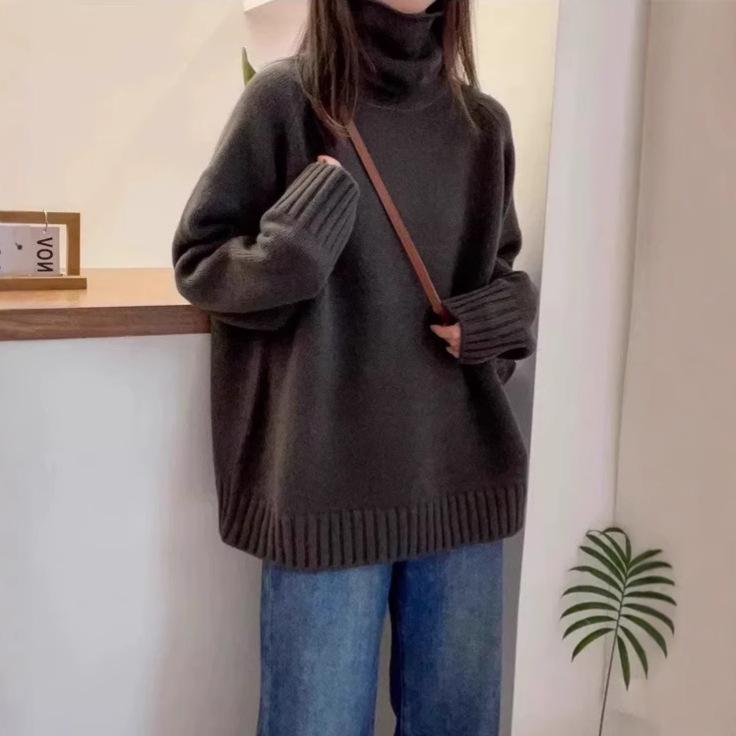 Autumn and Winter New Turtleneck Sweater Women's Loose Thick Curling Heap Collar Lazy Soft Waxy Knitted Sweater Top