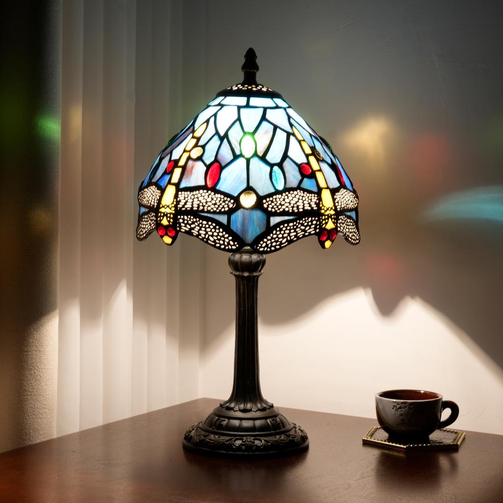 Modern stained glass table lamp,crystal bed style table light, handmade desk bedside night light,Blue Dragonfly table lamps