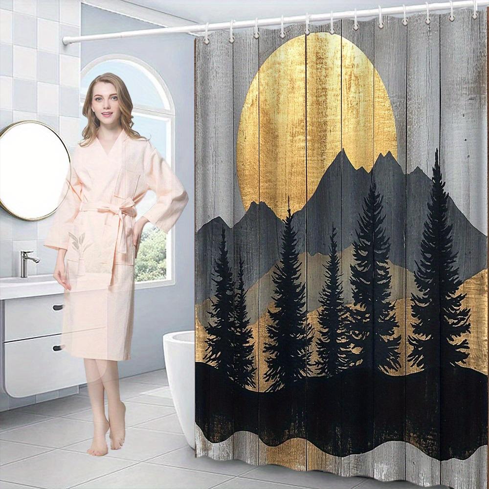 1pc Rustic Mountain Shower Curtain - Minimalist Wood Panel, Golden Leaf Sun, Gray Mountains, Polyester, 70x70In, 12 Hooks
