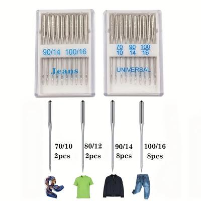 Universal Needle Set for Sewing Machines, 20 Pieces, 70/10, 90/14, 100/16, Assorted Sizes for Silk, Cotton, Denim, and Multi-fab