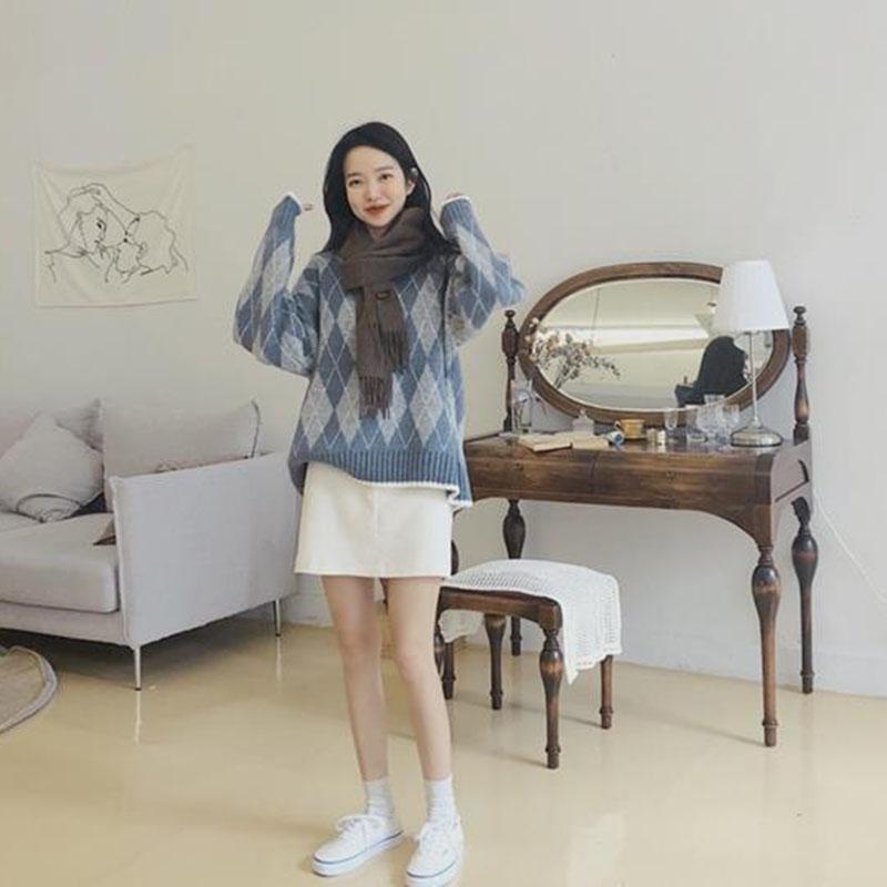 Podzim Zima Vintage Kosočtvercový Kostkovaný Svetr Dámský Hřejivý Silný Volný Pulovr Svetr Topy Spodní Prádlo / Svrchní Oblečení