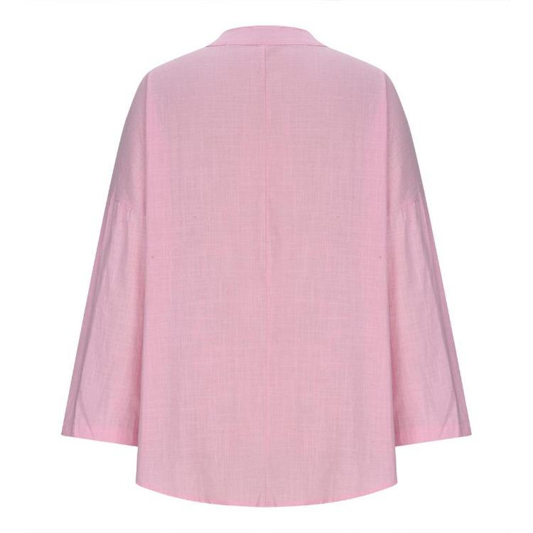Women's Cotton Linen Shirt Loose Casual Long Sleeve Top with Stand Up Collar