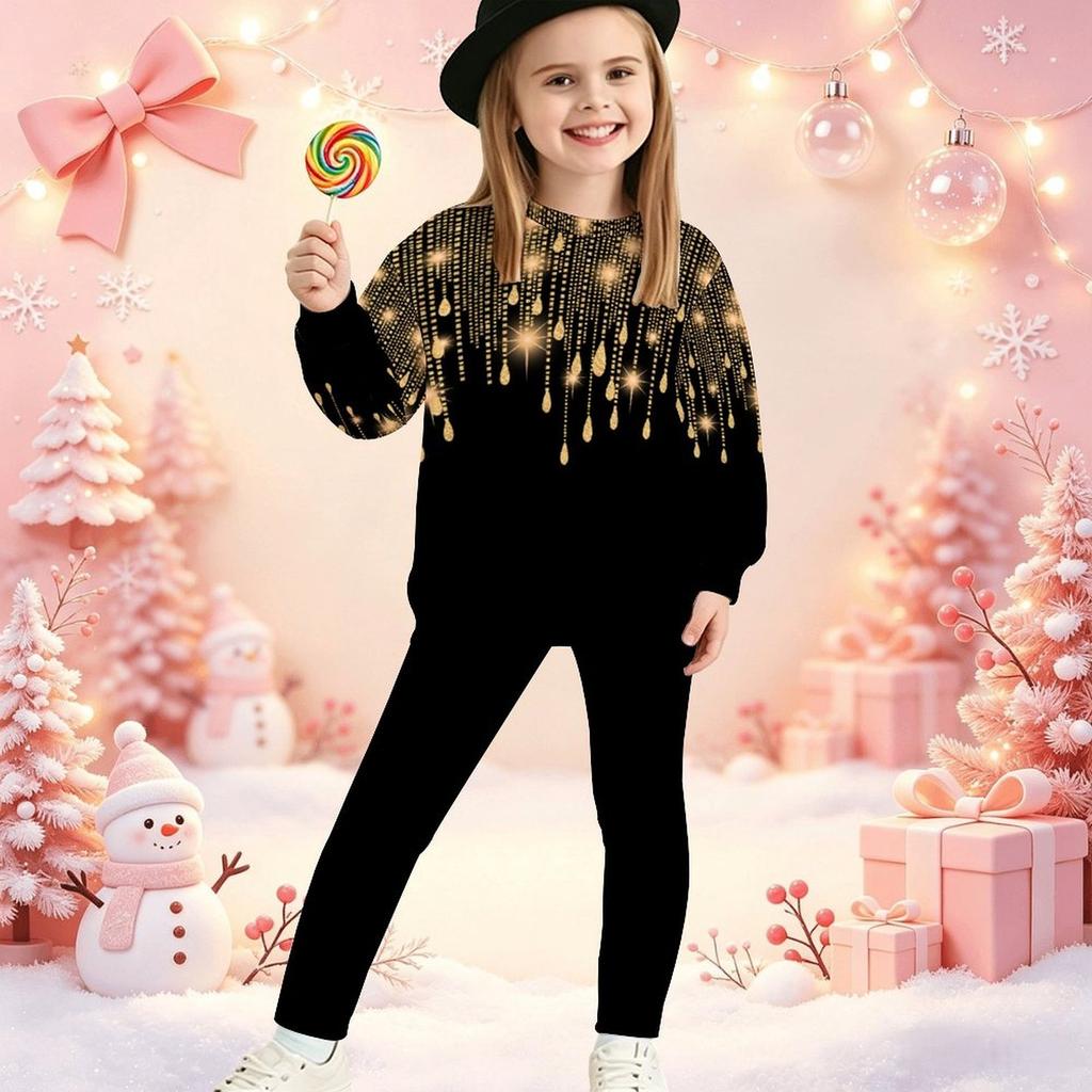Girls' Xmas Tree Casual Comfortable Soft Loose Pullover Sweatshirt and Leggings 2-Piece Set, New Autumn/Winter, Playful, Sweet and Cool Style
