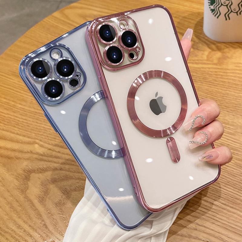 Fashion Plating Magnetic Soft Case For Magsafe For iPhone 15 14 Plus 11 12 13 Pro Max Wireless Charging Case With Lens Protector