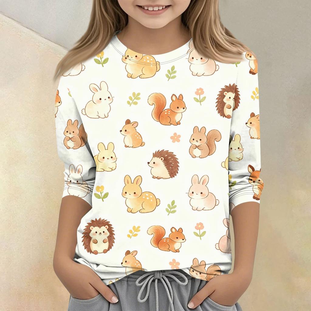 Kids Animal Print Crew Neck 3/4 Sleeve Casual T-Shirt Soft Comfortable Fabric Suitable for Everyday Wear and Outdoor Activities