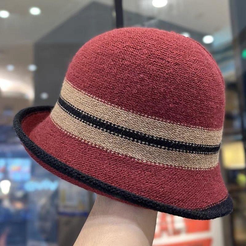 Autumn and Winter New Warm Autumn and Winter British Versatile Bucket Hat Elegant Retro Striped Top Hat Basin Hat Fashion Hat