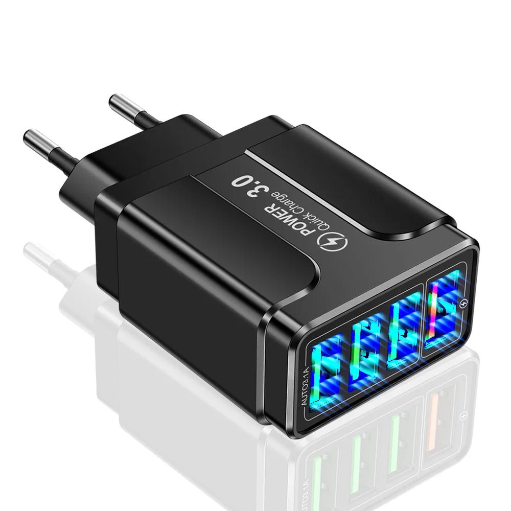 

QC3.0 Phone Charger 5.1A Fast Charge 4 Ports USB Power Adapter EU US UK Plugs for Iphone 13 14 Pro Universal Phone Accessories EU-black